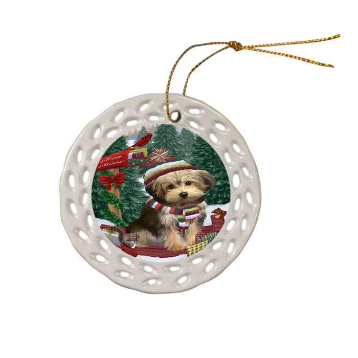 Merry Christmas Woodland Sled Yorkipoo Dog Ceramic Doily Ornament DPOR55432