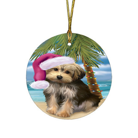 Summertime Happy Holidays Christmas Yorkipoo Dog on Tropical Island Beach Round Flat Christmas Ornament RFPOR54591
