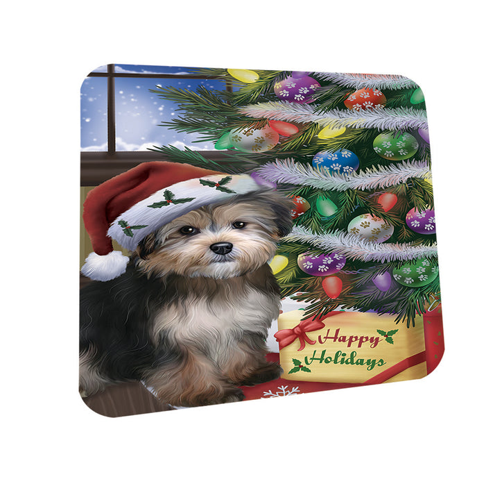 Christmas Happy Holidays Yorkipoo Dog with Tree and Presents Coasters Set of 4 CST53441