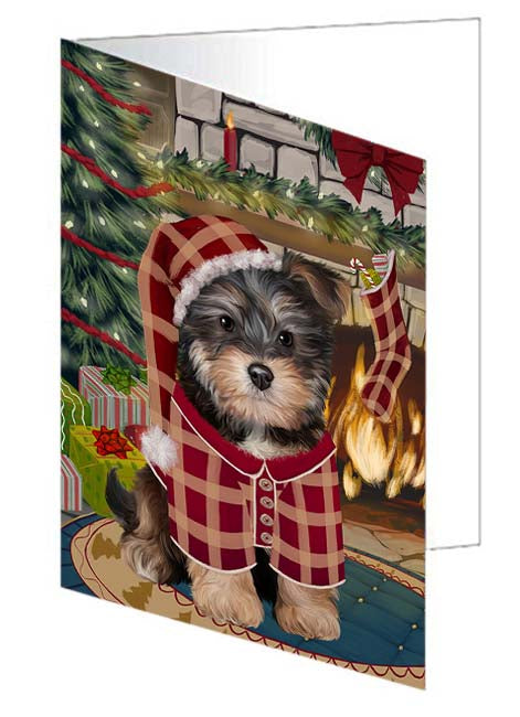 The Stocking was Hung Yorkipoo Dog Handmade Artwork Assorted Pets Greeting Cards and Note Cards with Envelopes for All Occasions and Holiday Seasons GCD71516