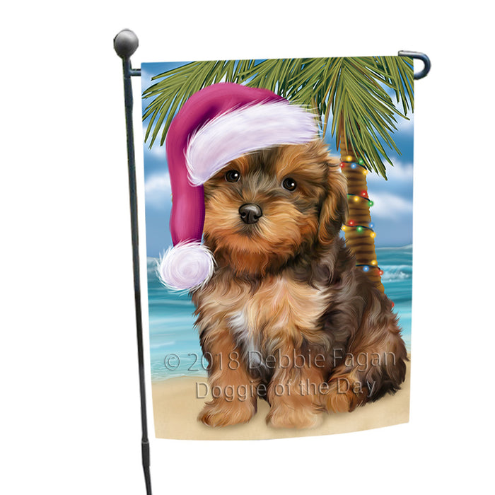 Summertime Happy Holidays Christmas Yorkipoo Dog on Tropical Island Beach Garden Flag GFLG54663