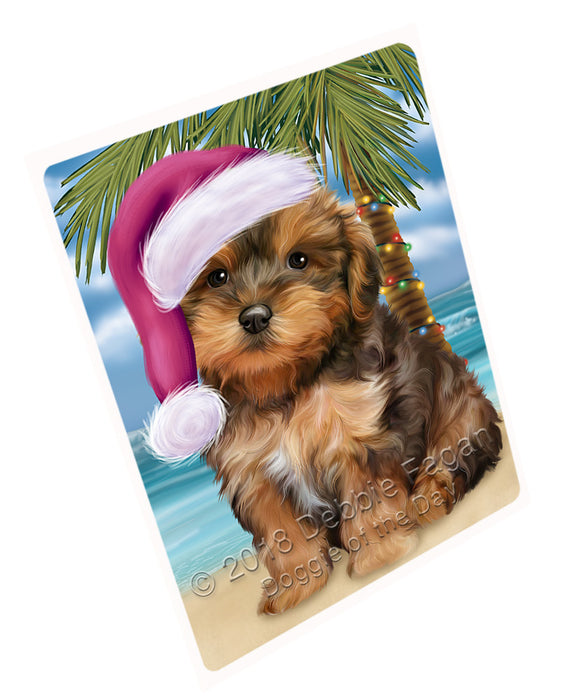 Summertime Happy Holidays Christmas Yorkipoo Dog on Tropical Island Beach Cutting Board C68247