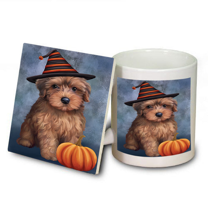 Happy Halloween Yorkipoo Dog Wearing Witch Hat with Pumpkin Mug and Coaster Set MUC54747