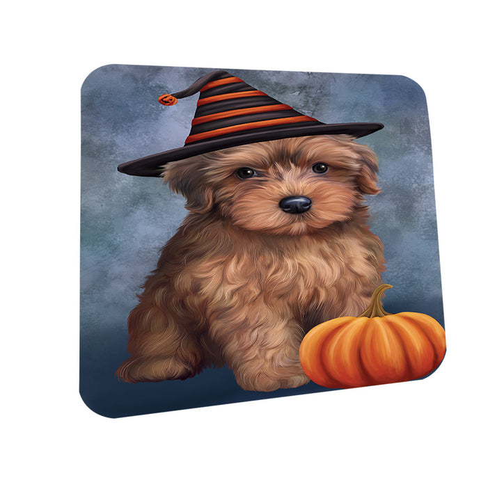 Happy Halloween Yorkipoo Dog Wearing Witch Hat with Pumpkin Coasters Set of 4 CST54713