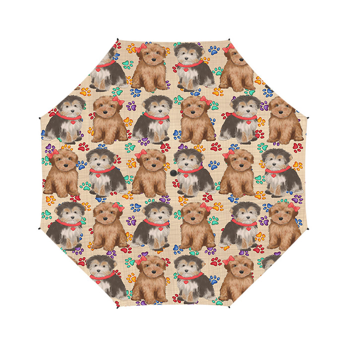 Rainbow Paw Print Yorkipoo Dogs Red Semi-Automatic Foldable Umbrella