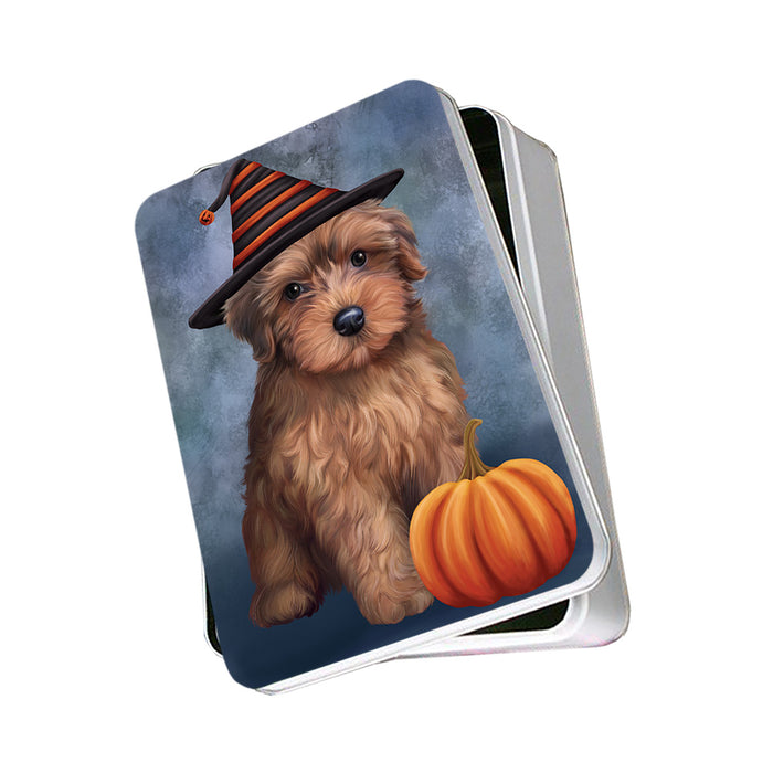 Happy Halloween Yorkipoo Dog Wearing Witch Hat with Pumpkin Photo Storage Tin PITN54698