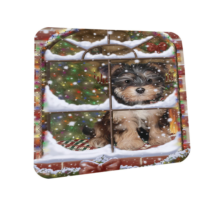 Please Come Home For Christmas Yorkipoo Dog Sitting In Window Coasters Set of 4 CST53912