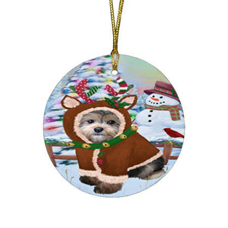 Christmas Gingerbread House Candyfest Yorkipoo Dog Round Flat Christmas Ornament RFPOR56961