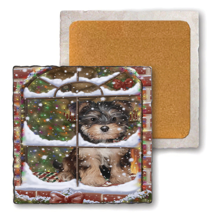 Please Come Home For Christmas Yorkipoo Dog Sitting In Window Set of 4 Natural Stone Marble Tile Coasters MCST48657