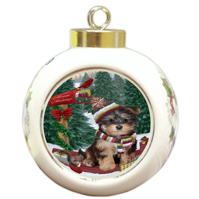 Merry Christmas Woodland Sled Yorkipoo Dog Round Ball Christmas Ornament RBPOR55433