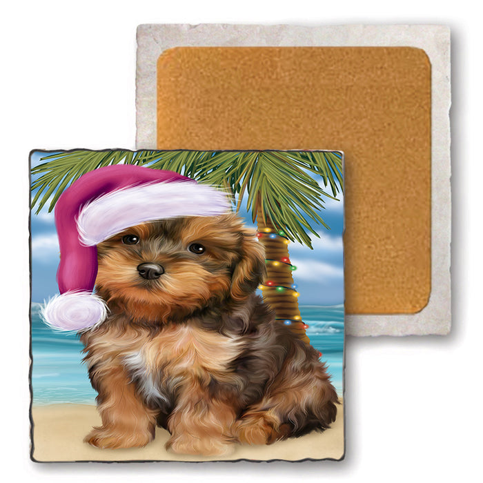 Summertime Happy Holidays Christmas Yorkipoo Dog on Tropical Island Beach Set of 4 Natural Stone Marble Tile Coasters MCST49473