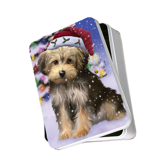 Winterland Wonderland Yorkipoo Dog In Christmas Holiday Scenic Background Photo Storage Tin PITN53736