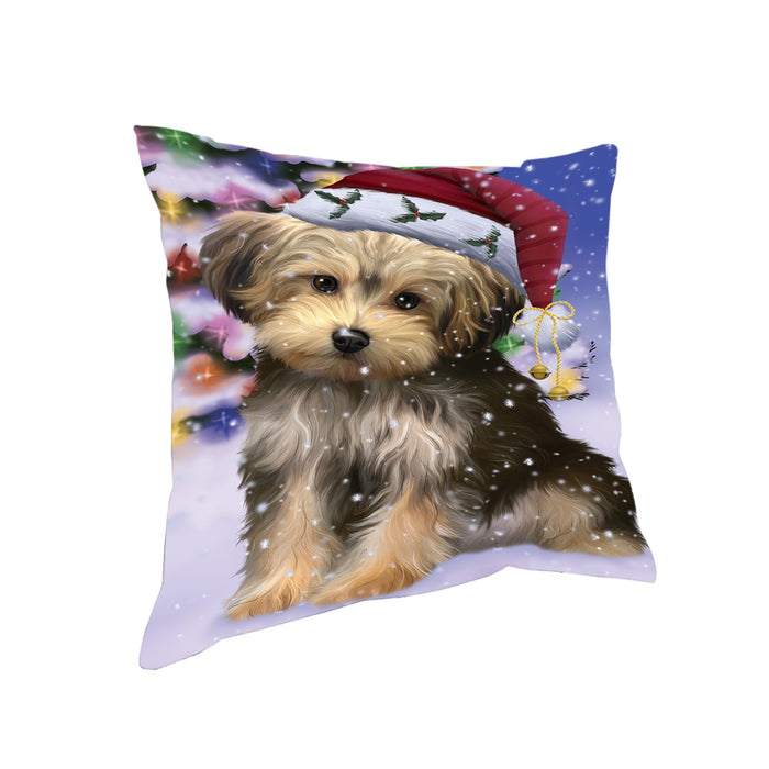 Winterland Wonderland Yorkipoo Dog In Christmas Holiday Scenic Background Pillow PIL71796
