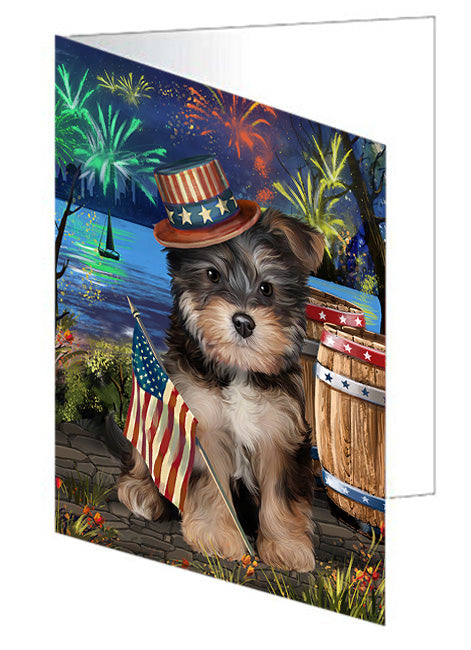 4th of July Independence Day Fireworks Yorkipoo Dog at the Lake Handmade Artwork Assorted Pets Greeting Cards and Note Cards with Envelopes for All Occasions and Holiday Seasons GCD57821