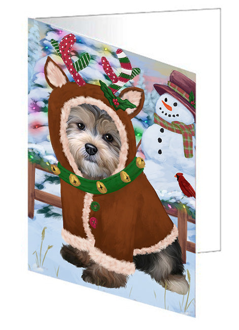 Christmas Gingerbread House Candyfest Yorkipoo Dog Handmade Artwork Assorted Pets Greeting Cards and Note Cards with Envelopes for All Occasions and Holiday Seasons GCD74330