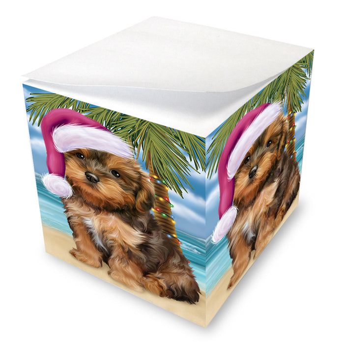 Summertime Happy Holidays Christmas Yorkipoo Dog on Tropical Island Beach Note Cube NOC56119