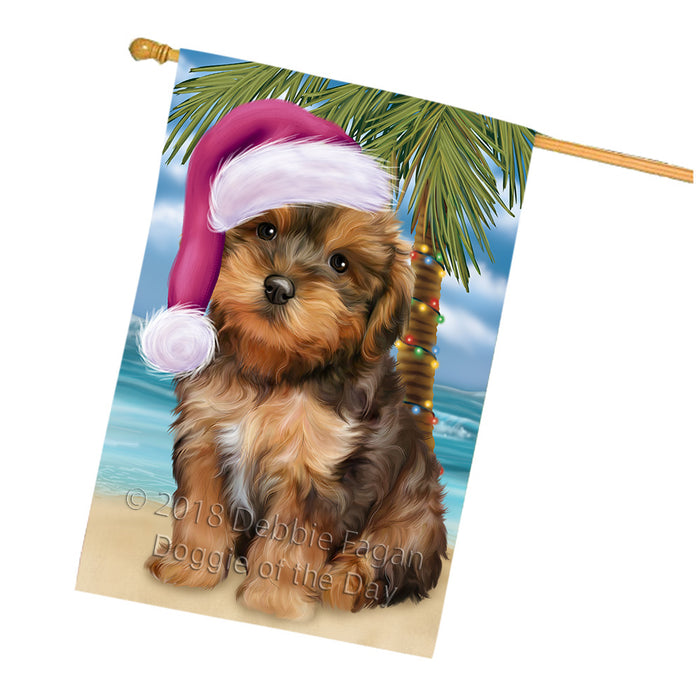 Summertime Happy Holidays Christmas Yorkipoo Dog on Tropical Island Beach House Flag FLG54799