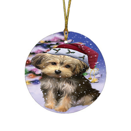 Winterland Wonderland Yorkipoo Dog In Christmas Holiday Scenic Background Round Flat Christmas Ornament RFPOR53784