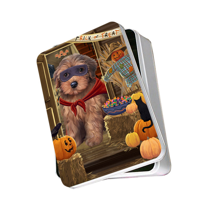 Enter at Own Risk Trick or Treat Halloween Yorkipoo Dog Photo Storage Tin PITN53350