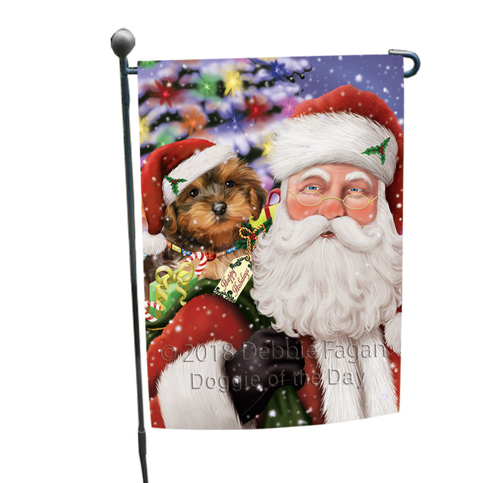Santa Carrying Yorkipoo Dog and Christmas Presents Garden Flag GFLG53776