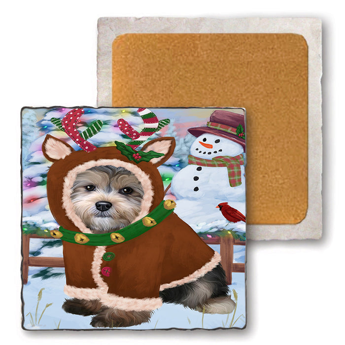Christmas Gingerbread House Candyfest Yorkipoo Dog Set of 4 Natural Stone Marble Tile Coasters MCST51605