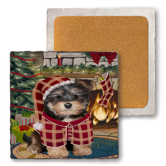 The Stocking was Hung Yorkipoo Dog Set of 4 Natural Stone Marble Tile Coasters MCST50667