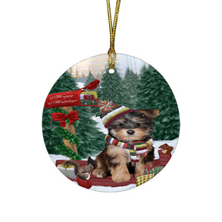 Merry Christmas Woodland Sled Yorkipoo Dog Round Flat Christmas Ornament RFPOR55433