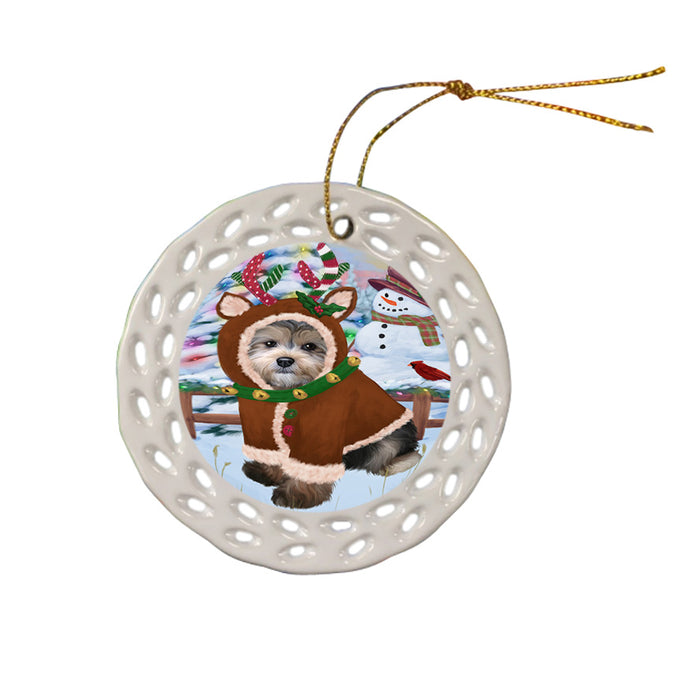 Christmas Gingerbread House Candyfest Yorkipoo Dog Ceramic Doily Ornament DPOR56961