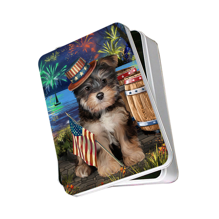 4th of July Independence Day Fireworks Yorkipoo Dog at the Lake Photo Storage Tin PITN51264