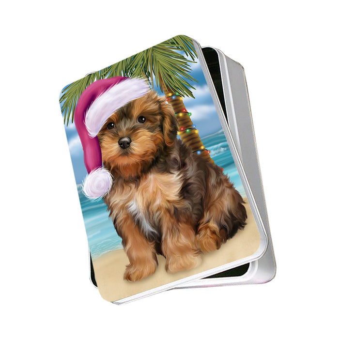 Summertime Happy Holidays Christmas Yorkipoo Dog on Tropical Island Beach Photo Storage Tin PITN54416
