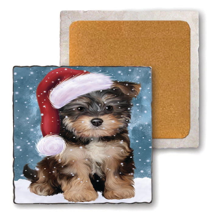 Let it Snow Christmas Holiday Yorkipoo Dog Wearing Santa Hat Set of 4 Natural Stone Marble Tile Coasters MCST49339