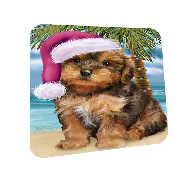 Summertime Happy Holidays Christmas Yorkipoo Dog on Tropical Island Beach Coasters Set of 4 CST54431