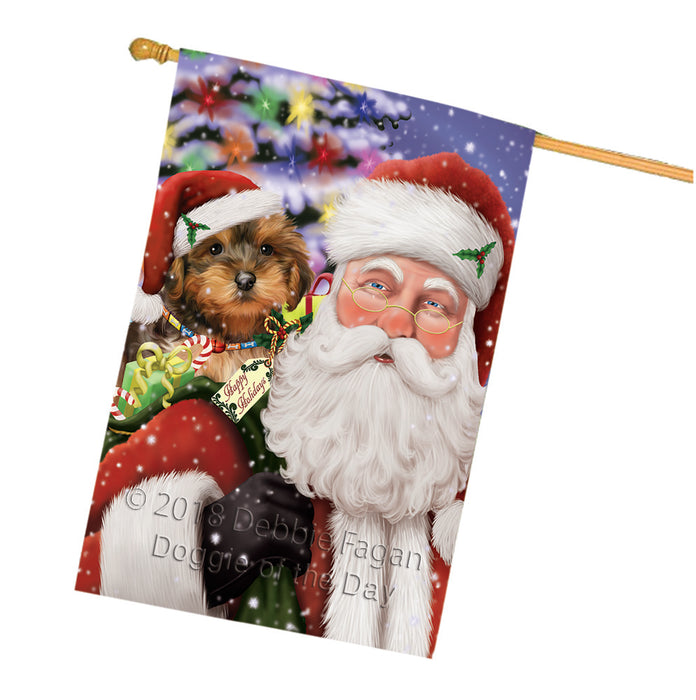 Santa Carrying Yorkipoo Dog and Christmas Presents House Flag FLG53912