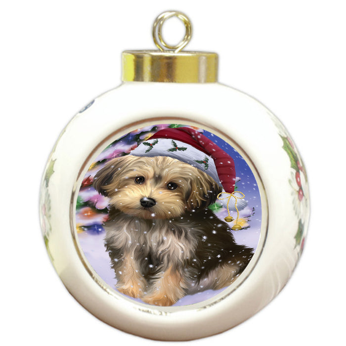 Winterland Wonderland Yorkipoo Dog In Christmas Holiday Scenic Background Round Ball Christmas Ornament RBPOR53793
