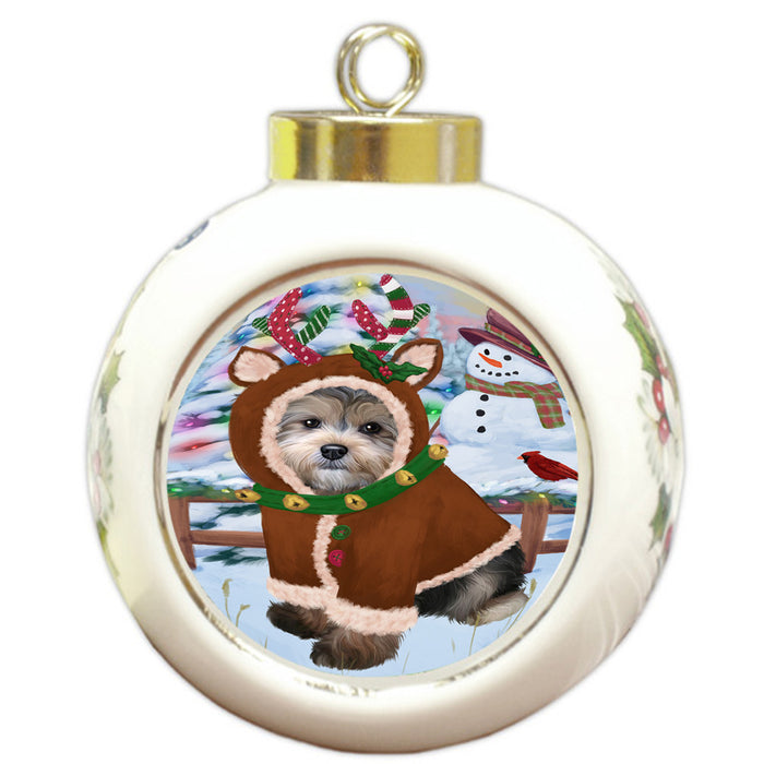 Christmas Gingerbread House Candyfest Yorkipoo Dog Round Ball Christmas Ornament RBPOR56961