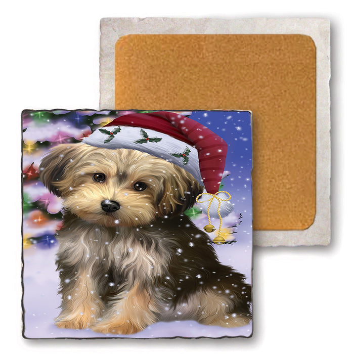 Winterland Wonderland Yorkipoo Dog In Christmas Holiday Scenic Background Set of 4 Natural Stone Marble Tile Coasters MCST48793