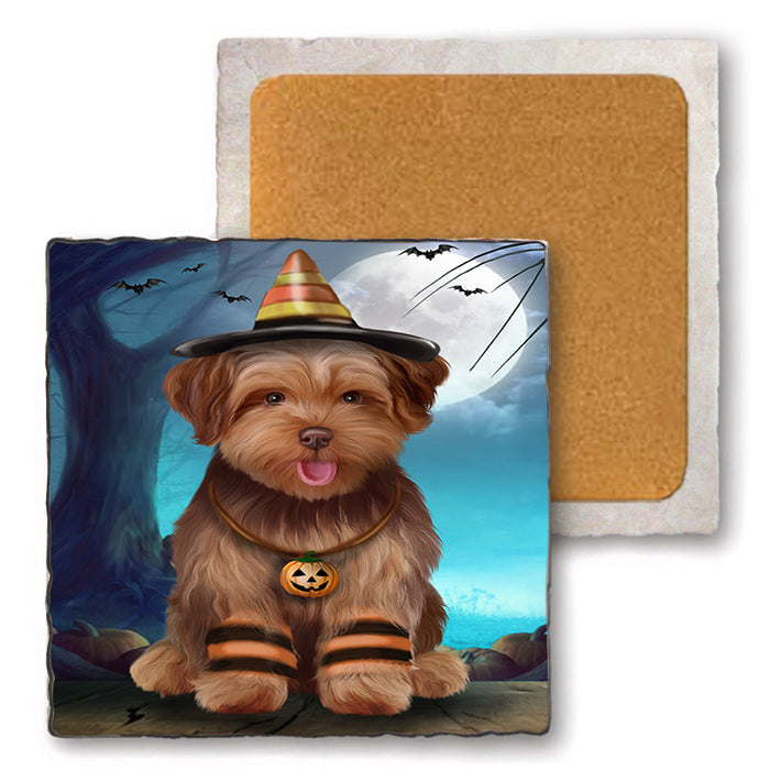 Happy Halloween Trick or Treat Yorkipoo Dog Set of 4 Natural Stone Marble Tile Coasters MCST49545
