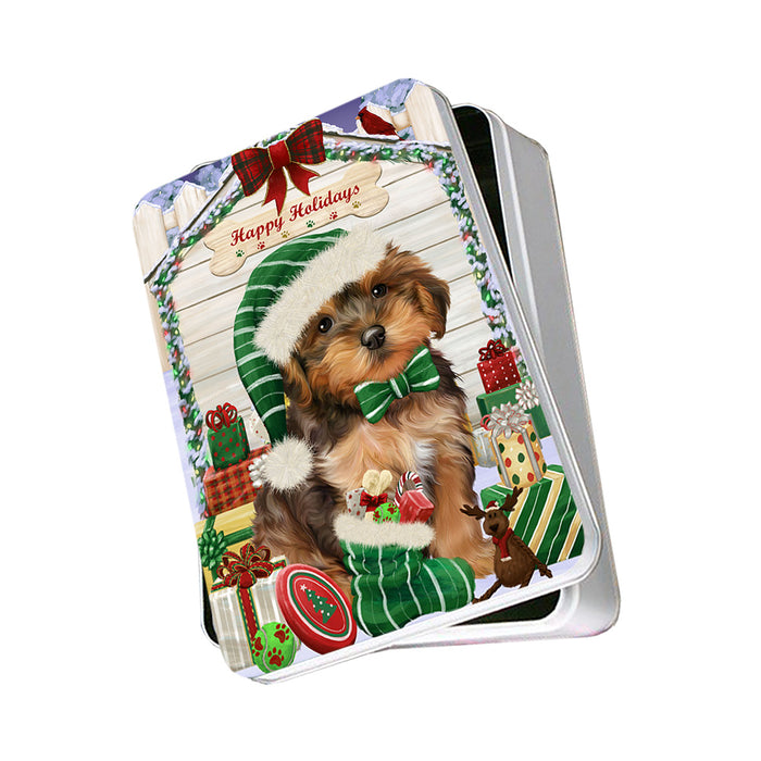 Happy Holidays Christmas Yorkipoo Dog House With Presents Photo Storage Tin PITN51537