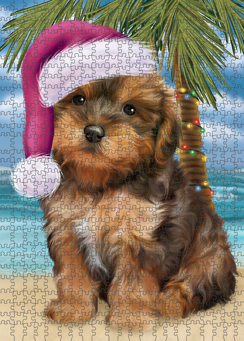 Summertime Happy Holidays Christmas Yorkipoo Dog on Tropical Island Beach Puzzle with Photo Tin PUZL85560