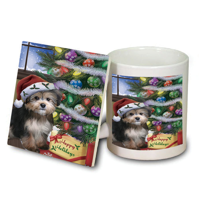 Christmas Happy Holidays Yorkipoo Dog with Tree and Presents Mug and Coaster Set MUC53475