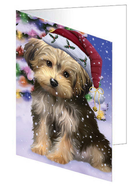 Winterland Wonderland Yorkipoo Dog In Christmas Holiday Scenic Background Handmade Artwork Assorted Pets Greeting Cards and Note Cards with Envelopes for All Occasions and Holiday Seasons GCD65408