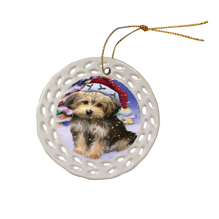 Winterland Wonderland Yorkipoo Dog In Christmas Holiday Scenic Background Ceramic Doily Ornament DPOR53793