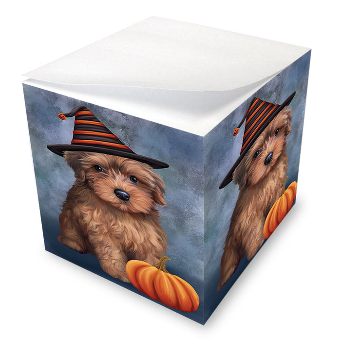 Happy Halloween Yorkipoo Dog Wearing Witch Hat with Pumpkin Note Cube NOC56401