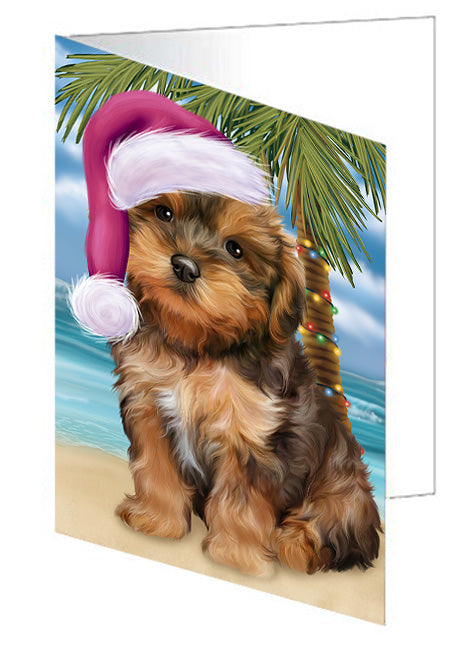 Summertime Happy Holidays Christmas Yorkipoo Dog on Tropical Island Beach Handmade Artwork Assorted Pets Greeting Cards and Note Cards with Envelopes for All Occasions and Holiday Seasons GCD67832