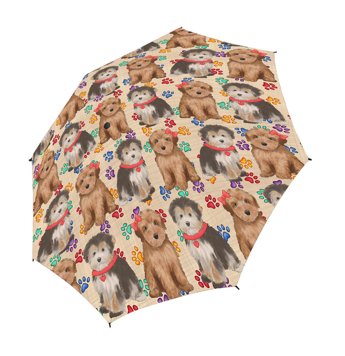 Rainbow Paw Print Yorkipoo Dogs Red Semi-Automatic Foldable Umbrella