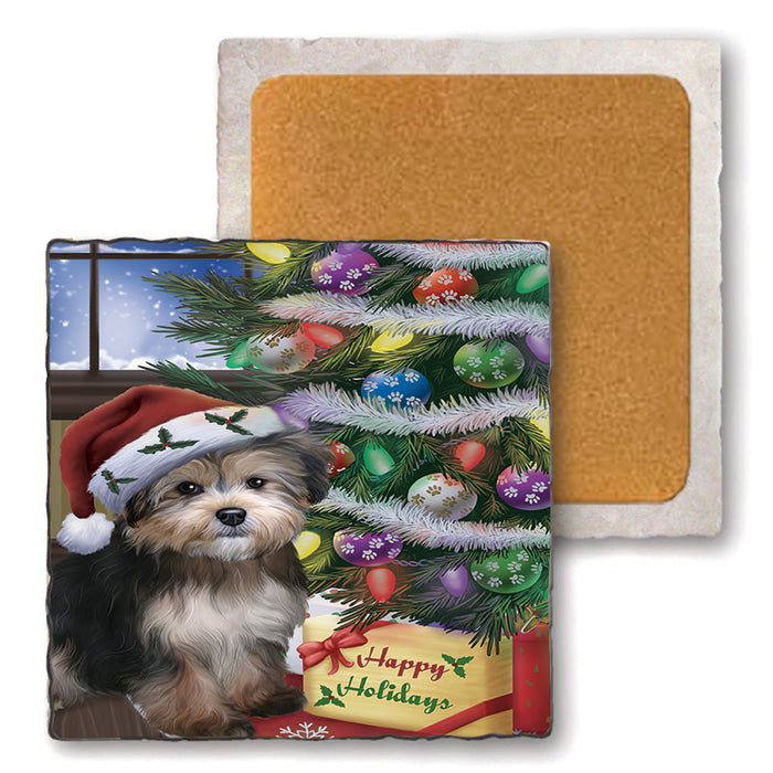 Christmas Happy Holidays Yorkipoo Dog with Tree and Presents Set of 4 Natural Stone Marble Tile Coasters MCST48483