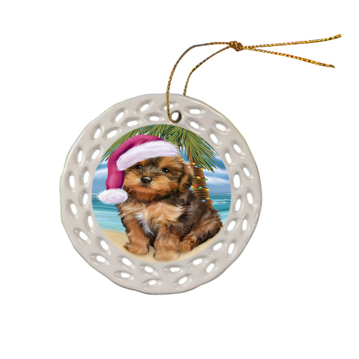 Summertime Happy Holidays Christmas Yorkipoo Dog on Tropical Island Beach Ceramic Doily Ornament DPOR54601