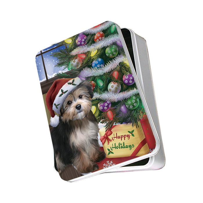 Christmas Happy Holidays Yorkipoo Dog with Tree and Presents Photo Storage Tin PITN53483