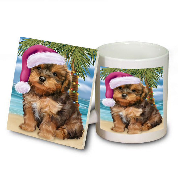Summertime Happy Holidays Christmas Yorkipoo Dog on Tropical Island Beach Mug and Coaster Set MUC54465