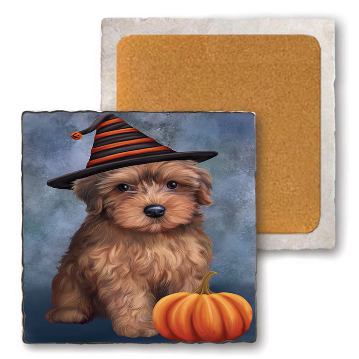 Happy Halloween Yorkipoo Dog Wearing Witch Hat with Pumpkin Set of 4 Natural Stone Marble Tile Coasters MCST49755